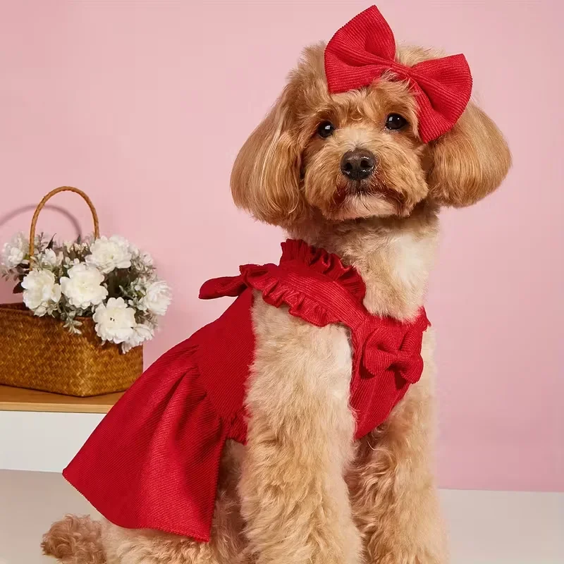 Adorable Vestido de Pana Rojo con Lazo para Perros y Gatos Pequeños a Medianos